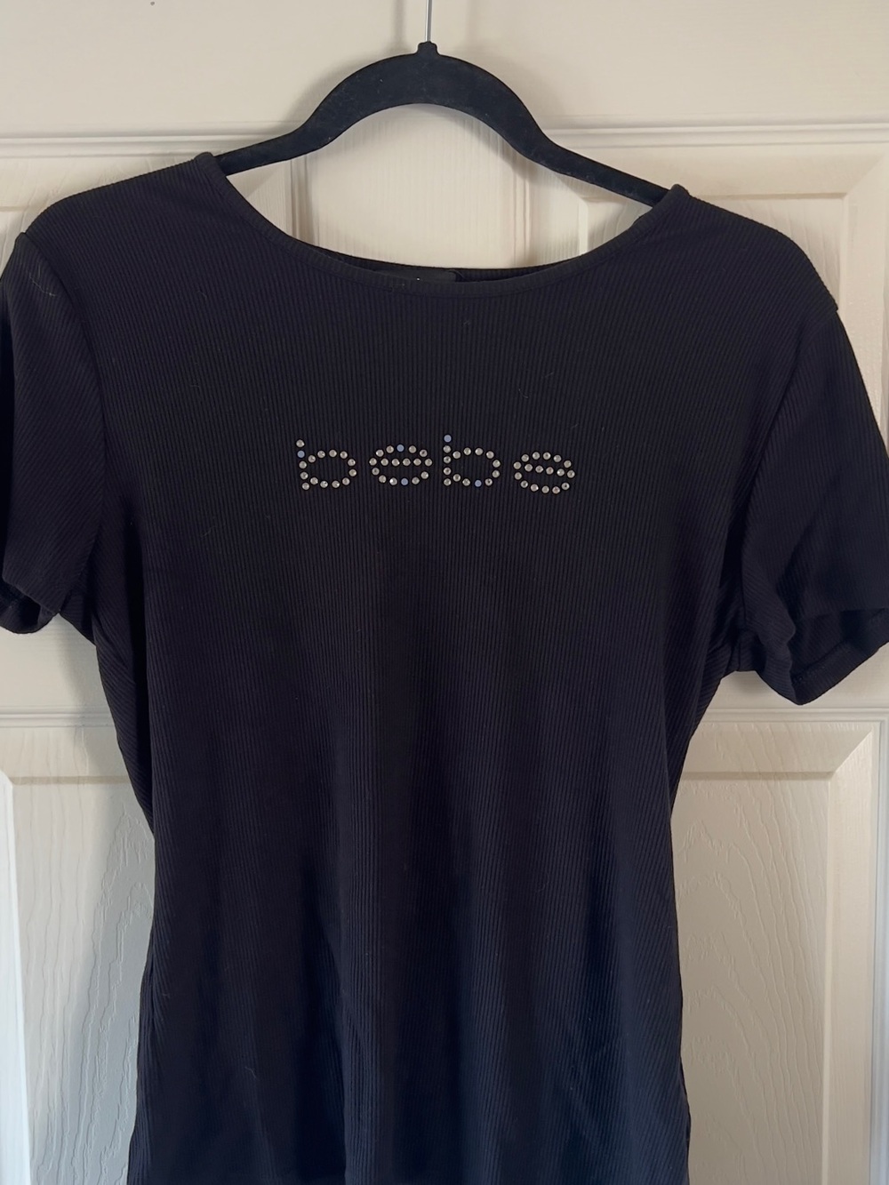 Bebe Black Short Sleeve Ribbed Tee with Crystal Logo: size large